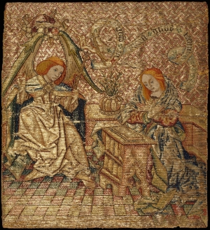 Embroidery with the Annunciation, or nué, The Netherlands ?, 15th century.
