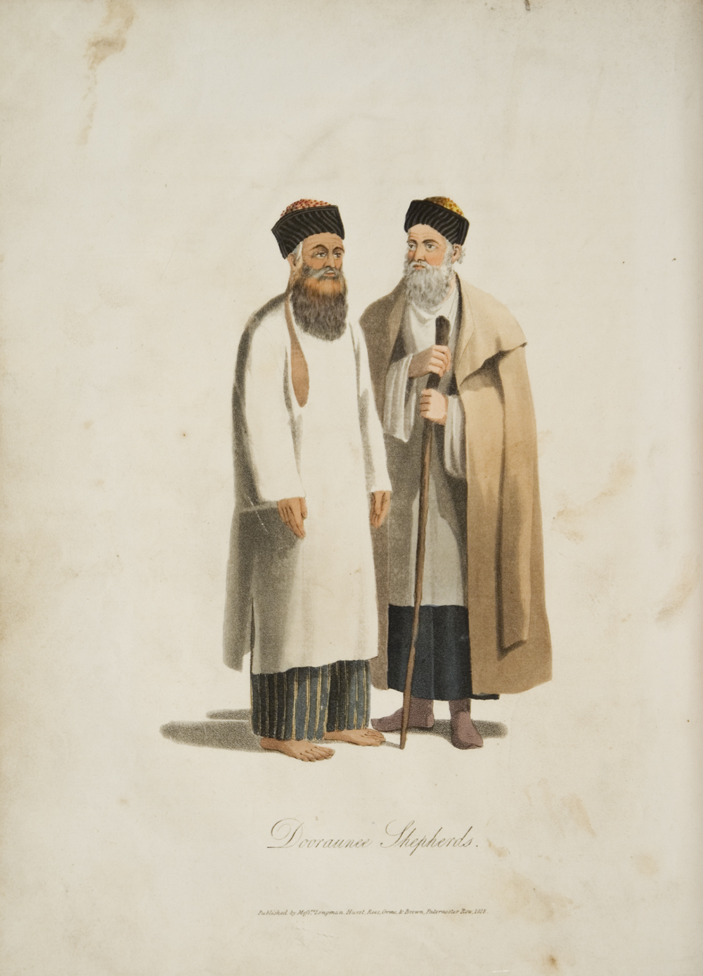"Dooraunee Shepherds." The man to the left is wearing a kosai. Aquatint, from Mountstuart Elphinstone 1815,  Plate II, opp. p. 239.