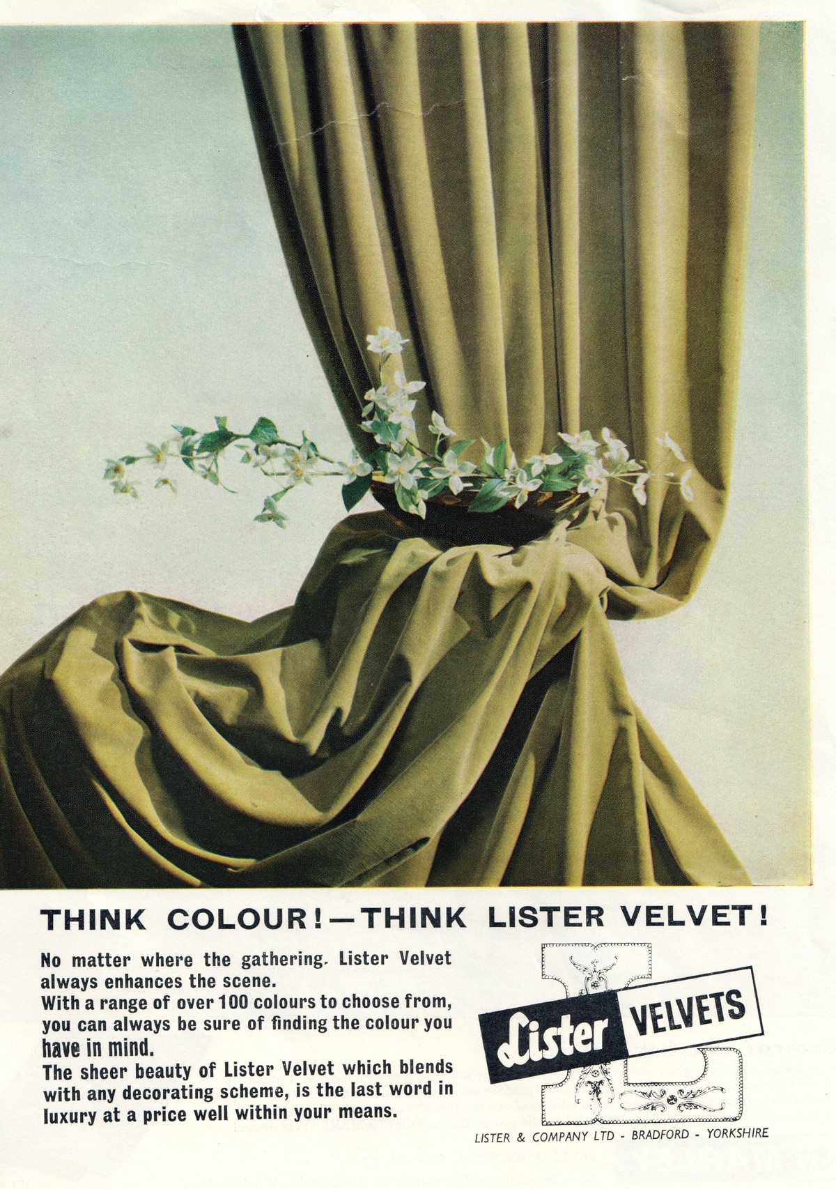 Advertisement for velvet curtains made by Lister & Co. of Bradford, England (1961; TRC 2018.2688