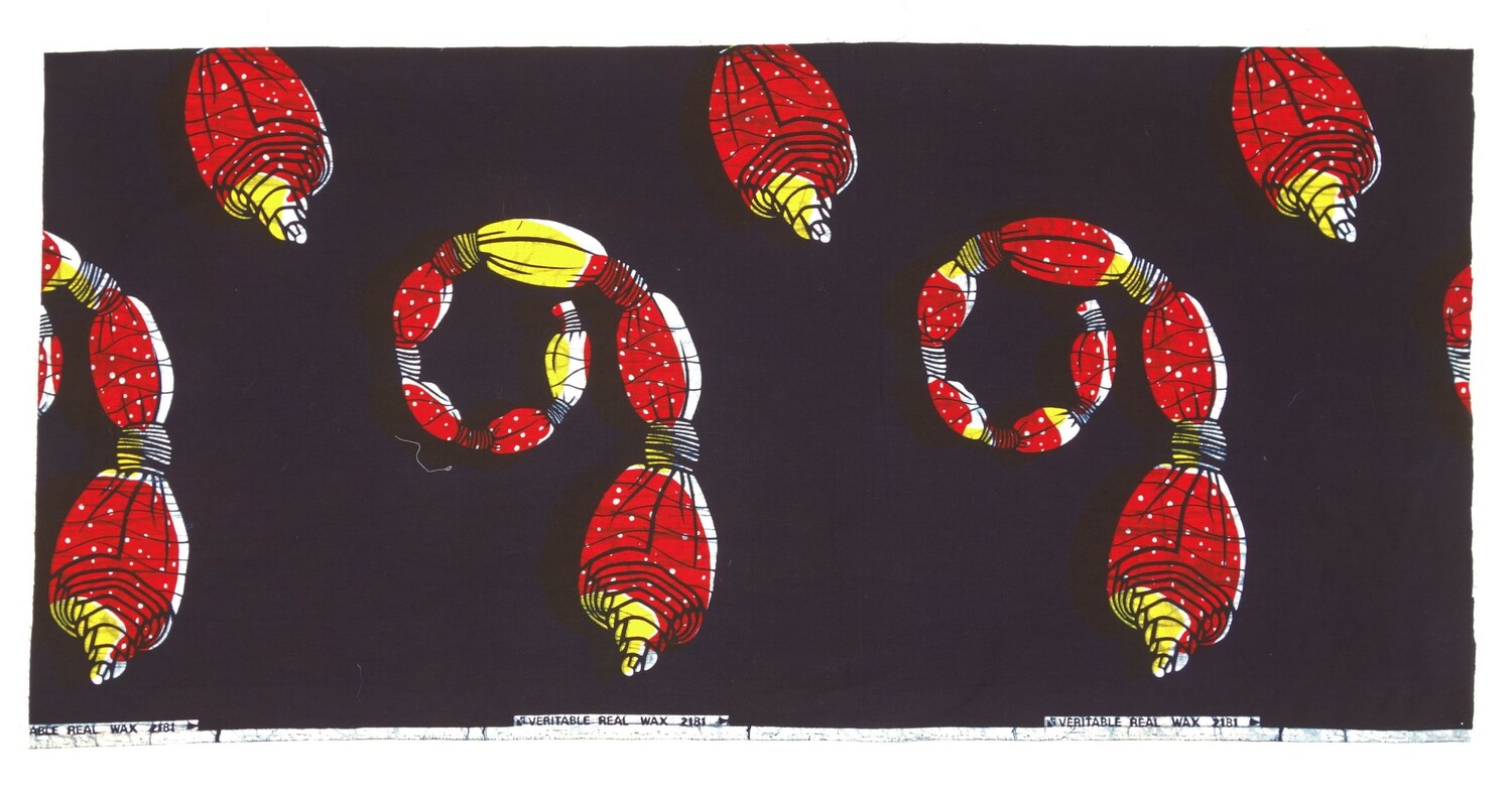 Wax print from Nigeria, showing the rolled up cloths of Rajasthani resist-dyed leheriya textiles (TRC 2022.2322).