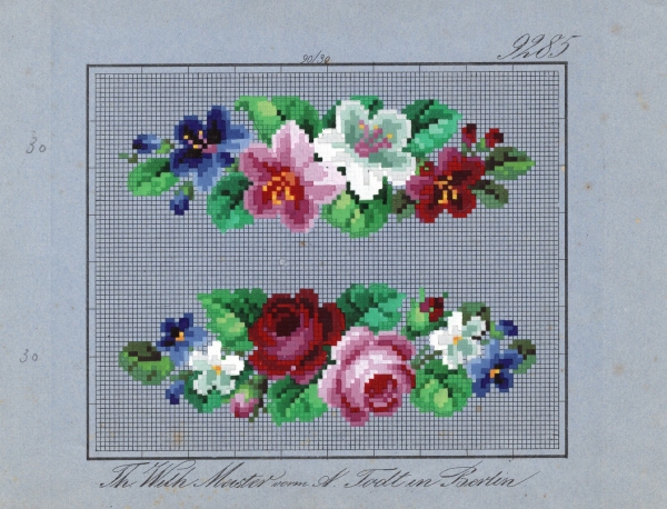 Berlin work chart with a set of floral motifs that include lilies, violets and roses (Germany, 1840s - 1850s).