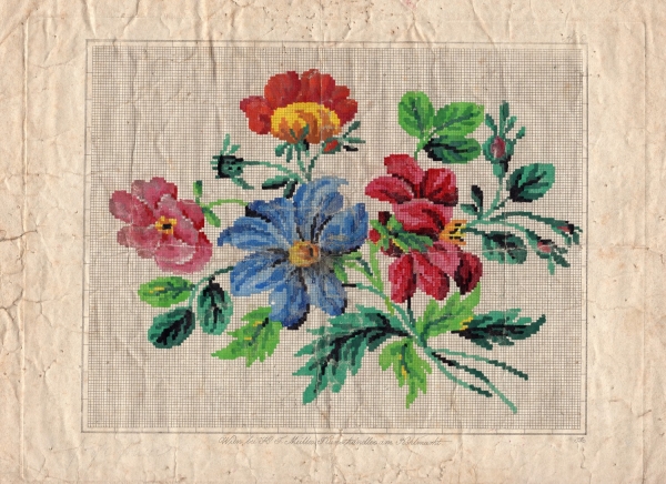 Berlin work chart, with a design of flowers, including rose buds and lilies, Germany 1840s - 1850s.