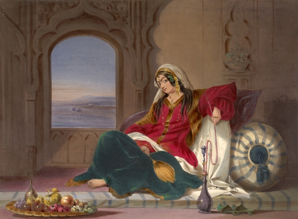 “Kandahar Lady of Rank, Engaged in Smoking”. Plate 29 of &#039;Afghaunistan&#039; by Lieutenant James Rattray, 1847/8.
