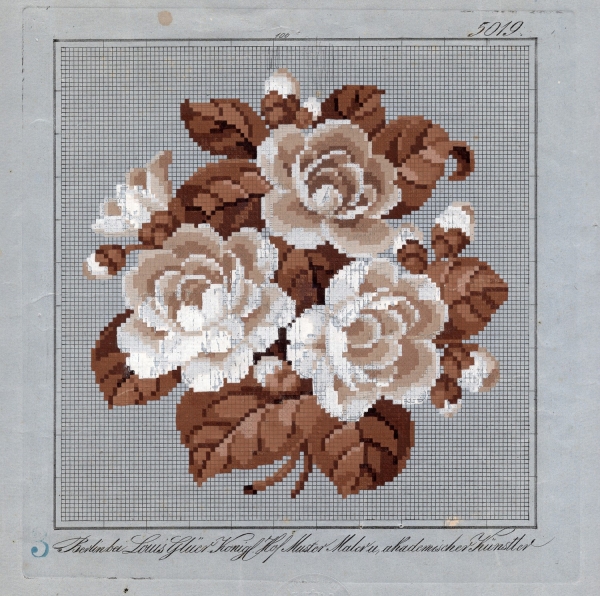 Berlin work chart for an embroidered picture, including a bunch of flowers (probably roses) in cream and brown with brown leaves. Germany, 1840s - 1850s.