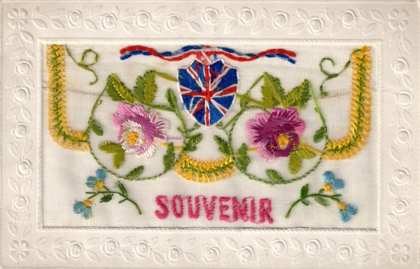 Embroidered postcard from the First World War, with the British flag.