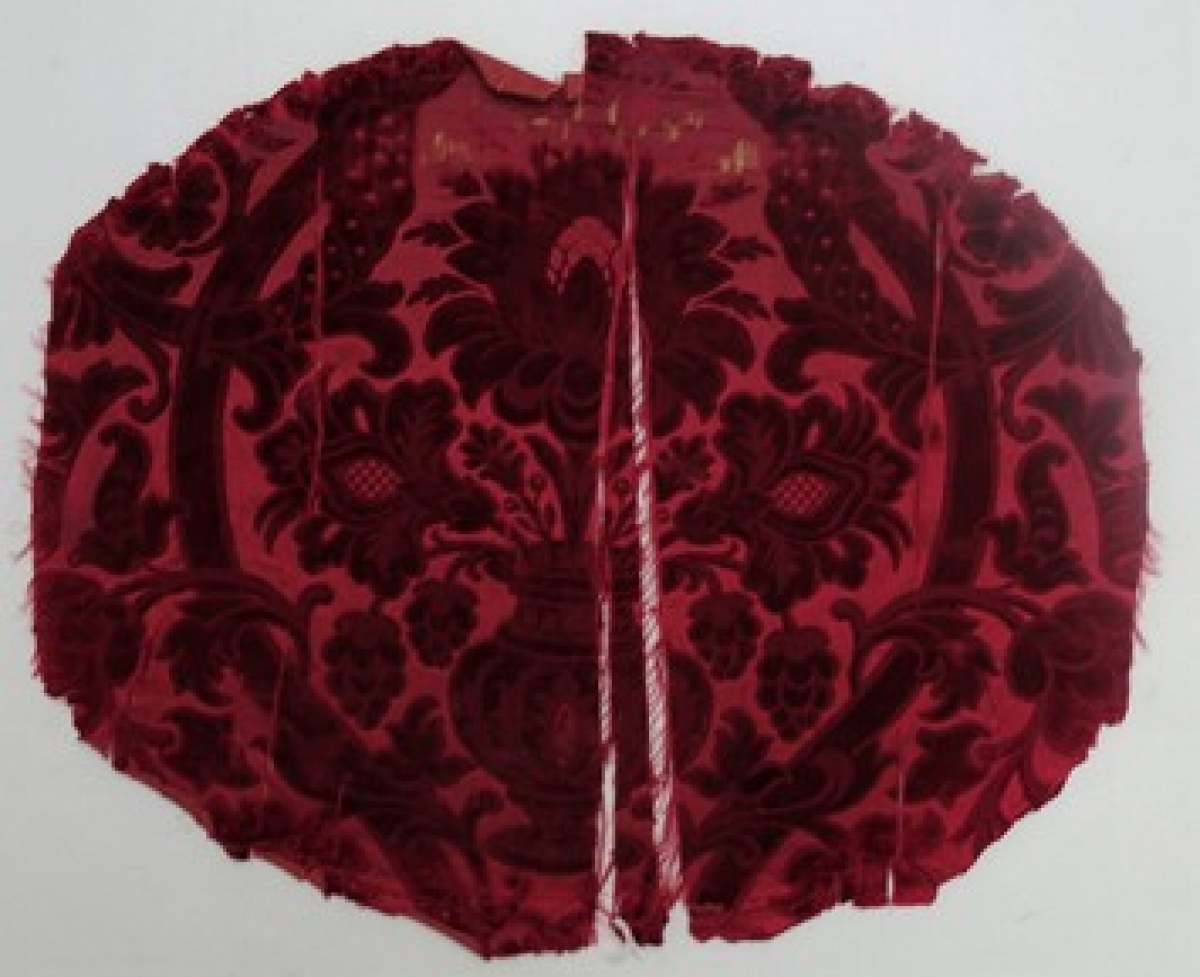 Chair cover made from a red silk, cisel&eacute; velvet from the 18th century, France.