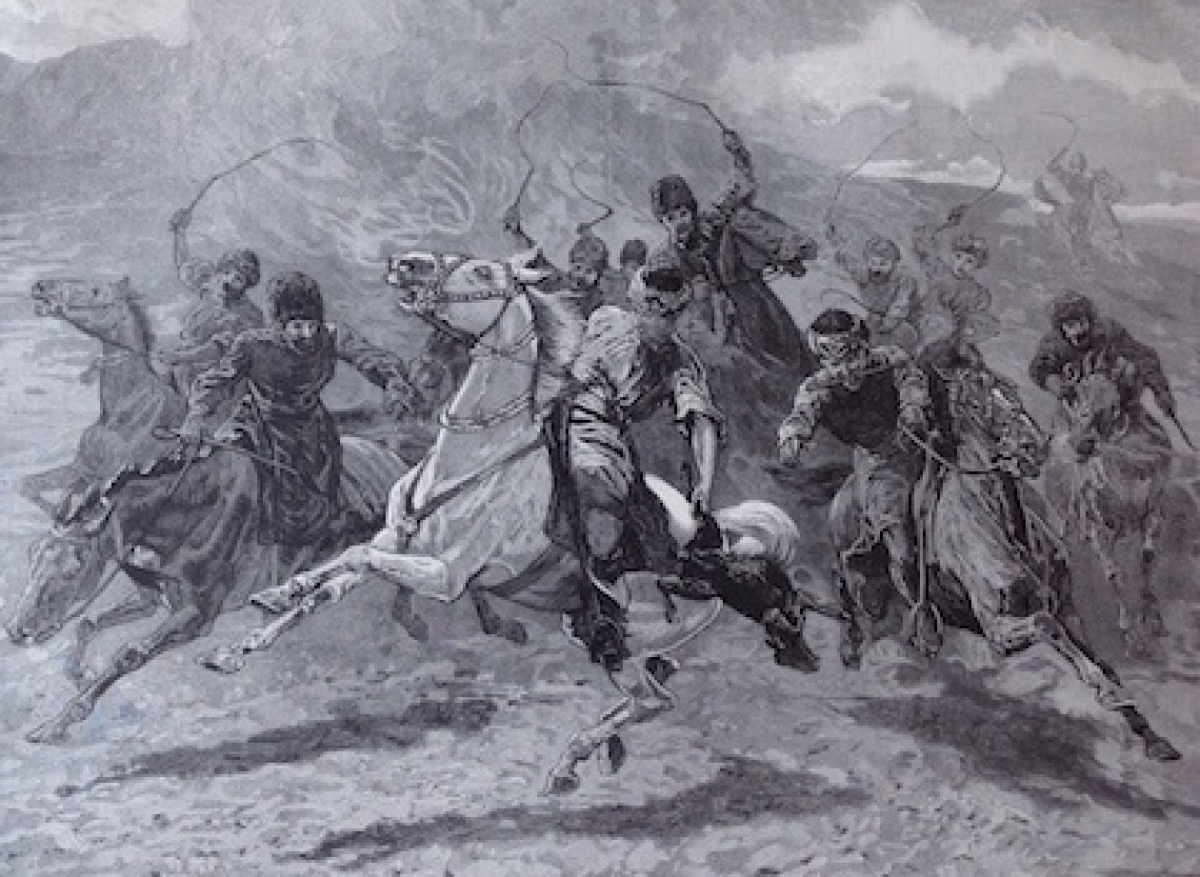 &quot;Herati horsemen playing the &#039;Baz Gadeh Bazi&#039; or goat-neck game. Scenery and life in Afghanistan,&quot; from sketches by Sir Edward Durand.  The Graphic, 23 September 1893, p. 377.