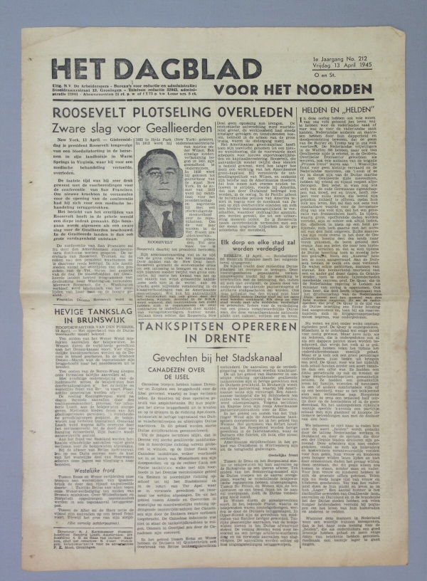 Page from Het Dagblad van het Noorden, 13 April 1945, announcing the death of President Roosevelt of the USA.