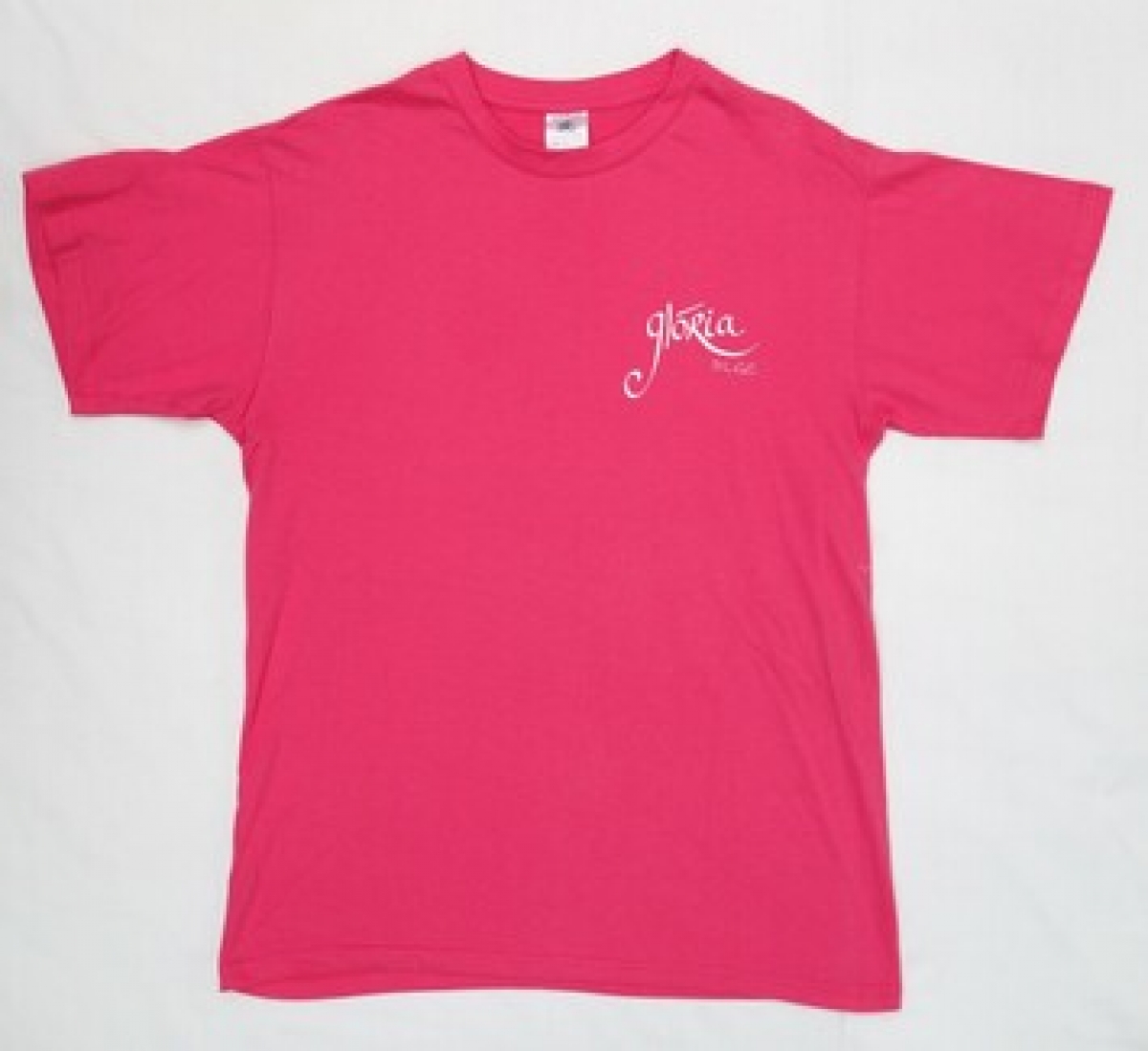 A pink t-shirt with the name GL&Oacute;RIA DLGC on the front and a large stylised shamrock with VARIOUS VOICES DUBLIN on the back. Ireland, early 21st century.