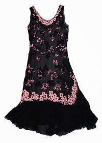 A woman's sleeveless dress in black chiffon decorated with abstract organic shapes in pink and black sequins and beads. The Netherlands, 1920s.