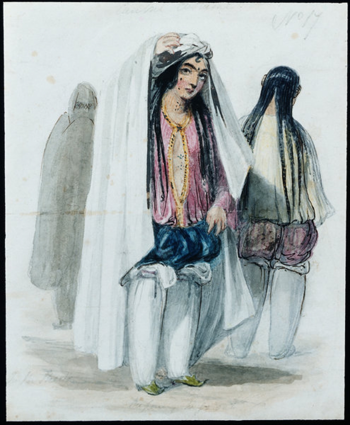 “Cabul Costume. In the Street. Preparing to go out.” Water colour by James Atkinson, c. 1840, showing a lady in Kabul with her chadari and under garments.