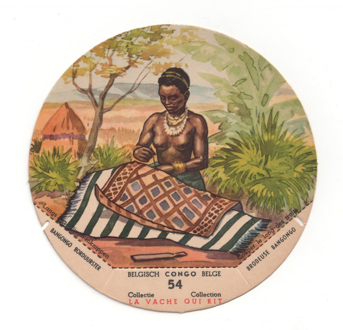 Roundel depicting a woman embroiderig a piece of Kuba cloth (1955, France).
