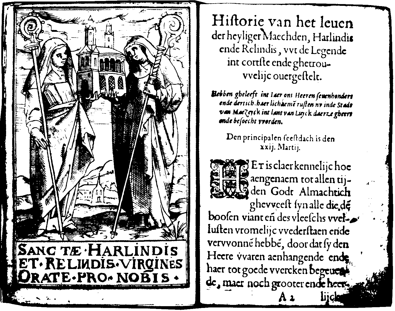 Titel page of 1596 book on the Saints Harlindis and Relindis.