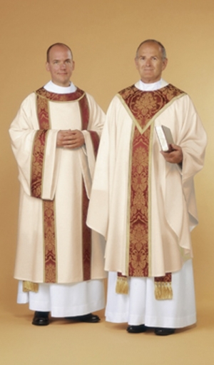 Two men wearing modern dalmatics, decorated with an orphrey.