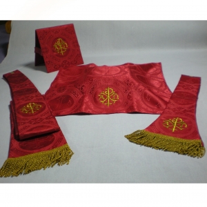 Set of altar cloths, including burse (at the back) and chalice veil (in the centre).
