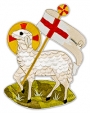 Modern example of machine embroidered Agnus Dei symbol.
