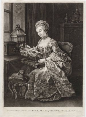 &#039;Fair Lady Working Her Tambour,&#039; mezzo print of c.1764.
