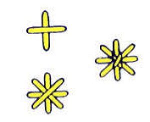 Simple drawings showing the creation of a star filling stitch.