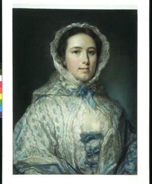Pastel of a young woman wearing a shawl decorated with blue ribbon work (18th century, Britain).