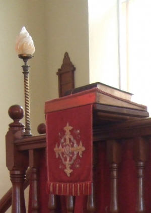 Modern pulpit fall, gift by the people,from Folkstone for welcoming war evacuees, baptist chapel of  Llanddewi Rhydderch.