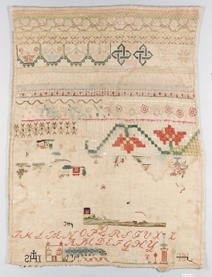 Sampler, silk on linen with beads, Mexico, 19th century