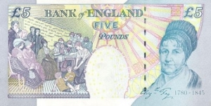 Portrait of Elizabeth Fry on a British five pound note (since 2001).