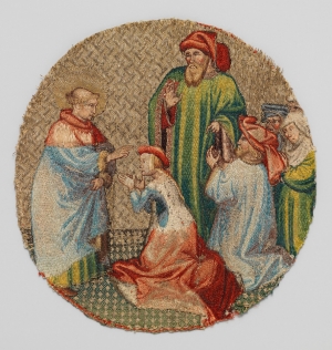 The Empress kneels before Saint Martin. Early 15th century or nu&eacute; embroidery, northern France/Flanders.