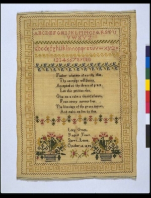 Missionary sampler made by Lucy Grant, Regent Town, Sierra Leone, 1840.