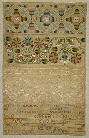 Sampler, silk on linen, dated 1681, Britain.
