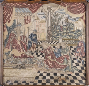 Embroidered picture 'King Ahasuerus and Queen Esther and the Hanging of Haman', Italy, late 17th century.