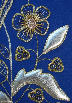 Jacobean style flower. Example of the gold-work embroidery by Kathleen Laurel Sage.