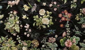Embroidery detail on one of Mrs Delany's court dresses. Silk on satin.
