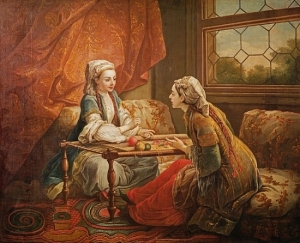 &#039;Madame de Pompadour Embroidering&#039; by Charles-André van Loo, painted between 1750-1755.