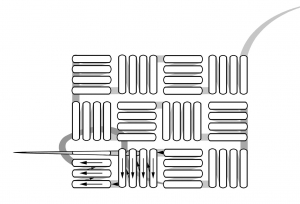 Schematic drawing of a basket filling stitch using four horizontal and vertical satin stitches in blocks.
