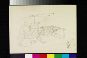 Woman reeling silk thread for embroidery. Drawing made by John Lockwood Kipling, Delhi, c. 1870.