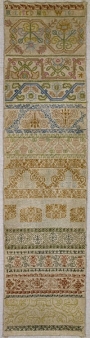 Band sampler, silk on linen, dated 1633, made by Mildred Mayow. Britain.