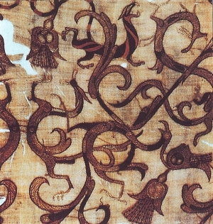 Fragment of Chinese embroidery from No. 1 Chu tomb at Mashan, Jiangling, Hubei Province. Warring States period, 475-221 BC). Tiger design in chain stitch.