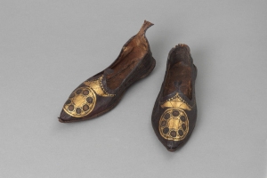 Pair of leather, embroidered shoes from Egypt, probably dating from the medieval period.