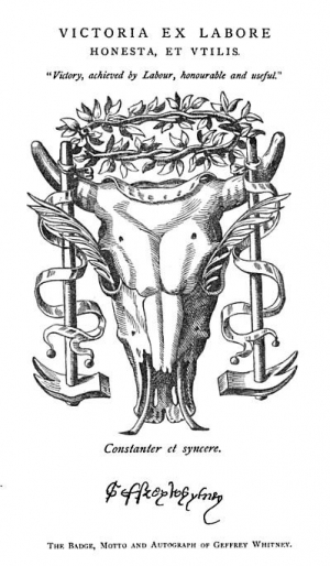 The badge, motto and autograph of Geoffrey Whitney.