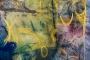 Yellow stitching detail on Dark Woods, Dark Waters by Cas Holmes, textile artist.