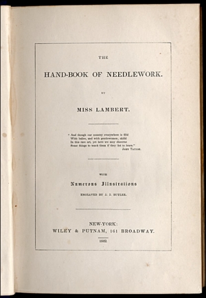 Ttile page of Miss Lambert's Handbook of Needlework, American edition 1842.