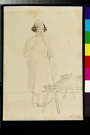 Man in Lucknow, standing next to an embroidery frame, c. 1970. Drawing by John Lockwood Kipling.