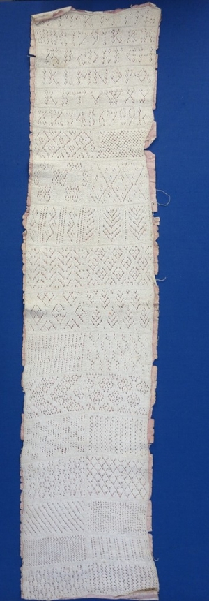Knitting sampler dated 1791, probably from Hungary.