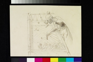 Two men at an embroidery frame. Drawing by John Lockwood Kipling, c. 1870, in Delhi.