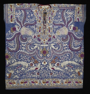 A Parsee girl’s tunic (jubla) embroidered with birds, flowers and plants in silk thread on a mid-blue ground (Surat, India, c. 1870