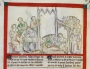Illumination from the Queen Mary Psalter, early 14th century, showing the story of Gideon (Jerubbaal), with to the left a woman working her embroidery on a frame.