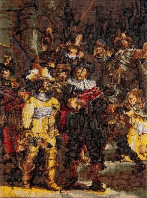 The reverse of an embroidery of Rembrandt&#039;s Nachtwacht.