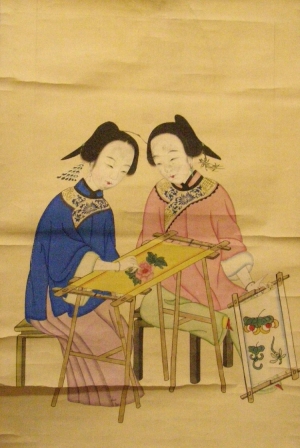 Chinese hanging scroll depicting two girls embroidering (early 19th century).