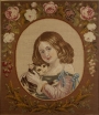 Girld holding a cat. Embroidered picture, Berlin wool work. Britain, c. 1840.