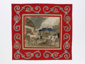 Inlay patchwork picture showing nostalgic, rustic scene, Britain, mid-19th century.